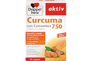 Curcuma 750 mg e Piperina - 30 capsule ad Alto Dosaggio - Integratore Curcumina con Vitamina D3 - favorisce il funzionamento del sistema immunitario – Doppelherz