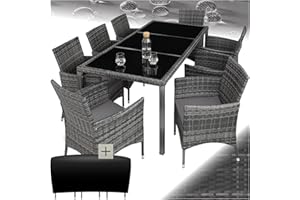 TecTake® Set di Mobili Giardino, Set Sedie, 8 Sedie, 1 Tavolo, Cuscini Morbidi, Terrazza Esterni, Coperchio di Protezione, Arredo Giardino, Poli Rattan Arredamento - Grigio-Mélange/Grigio