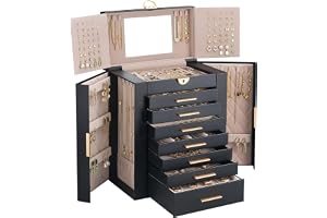 Lolalet Smyckeskrin Stor 8 nivåer med svart spegel | Smyckesförvaringsfodral med spegel och 7 lådor, låsbar klockring örhänge armband halsbandshållare flickor gåva