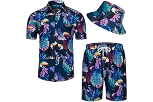 Angenster Hawaii Shirt Men, 3 Pieces Hawaii Outfit Men's Festival Outfit with Fishing Hat Hawaiian Shirt Shorts, Summer Shirt Men's Flamingo Floral Beach Shirt Wrinkle Free Holiday Shirt Set