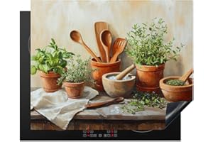 KitchenYeah© Protege Plaque Tapis Pour Induction 65x52 cm Deco Cuisine Protection Vitrocéramique Pour Cuisiniere Pots - Herbes - Bois