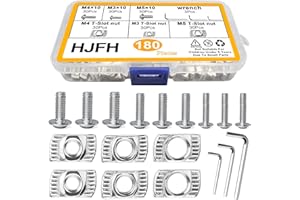 HJFH T Nuts T-Slot Nut M3 M4 M5 Thread Hammer Head Nut Assortment Kit with Bolts Hexagon Wrench for Aluminum Profile 2020 Series(183 Pieces Nickel Coated)