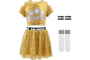 LOLANTA Girls Sequin Dance Outfits Glitter Jazz Hip Hop Dance Wear Crop Tops with Skirt 5-12 Years