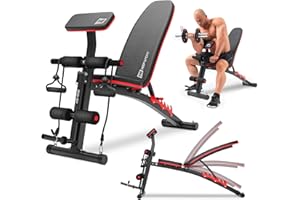 ‎HS HOP-SPORT Hop-Sport Hantelbank mit Curlpult, verstellbar in 6 Neigungswinkel, inkl. Beinstrecker & Expander, Multifunktions-Trainingsbank für Zuhause, 220 kg Max. Belastbarkeit