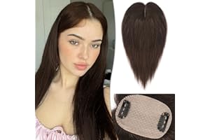 RUWISS Topper Capelli Umani per Donne Estensioni Capelli Umani Senza Frange Parrucche per Capelli Diradati 7.5 * 13CM Base Seta 100% Capelli Umani Veri Clip in Topper 25CM 25g（Marrone Scuro）