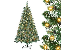 UISEBRT 180 cm konstgjord julgran med LED, metallstativ, konstgjord PVC-gran med snö- och tallkottar, för juldekoration