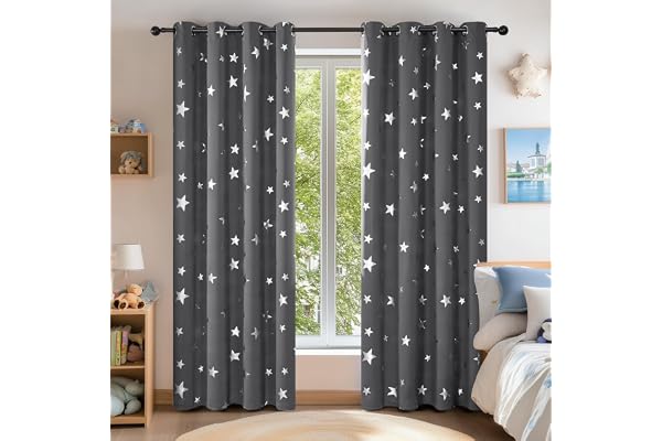 Deconovo Lot de 2 Rideaux Occultant Isotants Thermique Anti Froids Rideau pour Petite Fenetre à Oeillets Motifs Etoile Argente Gris Foncé 117×138CM