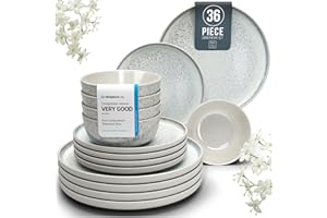 PURE LIVING INTERIOR DESIGN 36 Piece Dinner Sets for 12 People - Beautiful Mediterranean Style Stoneware Dinner Set for 12 - Dishwasher & Microwave Safe Plates and Bowls Set for 12 - Dinnerware Sets by Pure Living in Beige