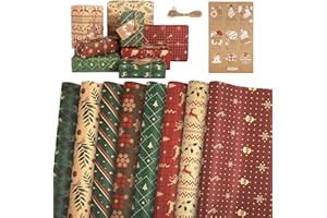 LEMESO Carta Regalo Natalizia Vintage per Bambini - 8 Fogli con 8 Motivi Kraft, Etichette, Spago - Confezioni Regalo Natalizie