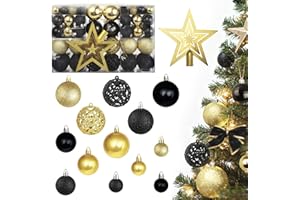 JoryHeim Weihnachtskugeln 101 Stück Set, Christbaumkugeln aus Plastik, inkl.Baumspitze Stern und vormontierten Schlaufen - Weihnachtsbaum Deko & Christbaumschmuck(Schwarz Gold)