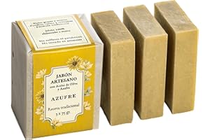 CABRERIZO SOAP JABON DE AZUFRE NATURAL con aceite de oliva - 3 ud. de jabón antibacterial Pack 3 x 75 g. Limpiador facial y corporal piel grasa, Jabones artesanales para acne espalda y puntos negros
