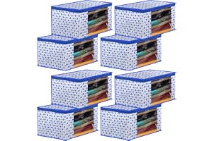 Kuber Industries Dot Printed Foldable, Lightweight Non-Woven Saree Cover/Organizer With Tranasparent Window- Pack of 8 (Blue)