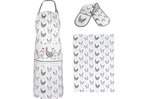 SPOTTED DOG GIFT COMPANY Paño de Cocina, Delantal Cocina y Manoplas de Horno, 100% Algodón Juego de 3 Regalos de Cocina Gallina Para Amantes de Los Gallinas y Animales Mujer Hombre