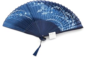 Maisendo Handfächer Aino-cho, Blau, Bambus Holz und japanische Baumwolle, Premium-Qualität Stoff Etui und Geschenkbox