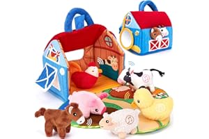 hahaland Bauernhof Baby Spielzeug 6 Monate mit 2-in-1 Scheunen & Spielmatten,6 Sensorik Plüschtiere mit Tiergeräuschen,Montessori Spielzeug Baby,Weihnachten Geschenk Babyspielzeug ab 6 7 8 9 10 Monate