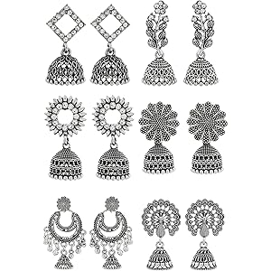DEW MAT Traditional Oxidised Silver Jhumka Earrings for women | girls fashion jhumka meenakari oxidised kundans flower Temple South Indian Traditional Ear rings Set stylish Big Jhumki Combo pack of 6.