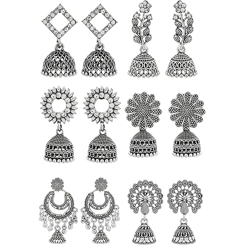 DEW MAT Traditional Oxidised Silver Jhumka Earrings for women | girls fashion jhumka meenakari oxidised kundans flower Temple South Indian Traditional Ear rings Set stylish Big Jhumki Combo pack of 6.