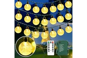GCMacau Guirnalda Luces Exterior, 13M 80 LED Luces Funciona con Pilas Cadena Luces Bolas Cristal con Mando a Distancia, 8 Modos IP65 Impermeable para Halloween, Navidad, Interior, Exterior, Jardín
