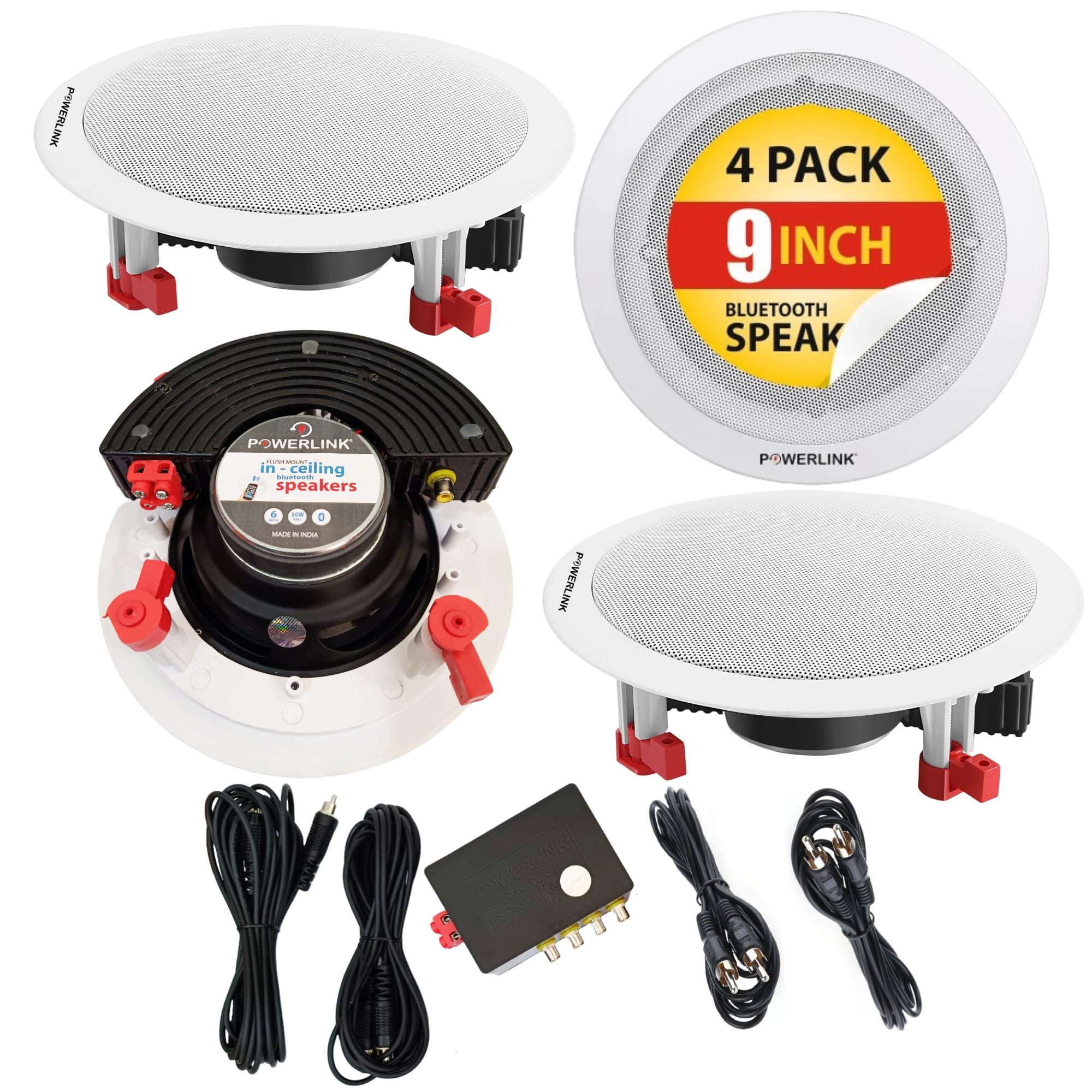 Powerlink 9 Inch 120Watt (30W Each) with Bluetooth 5.3, Crystal-Clear Sound in Ceiling Speakers Wall Mount Speakers Built-in Amplifier for Home, Office, Gym, Home Theater (Pack of 4)