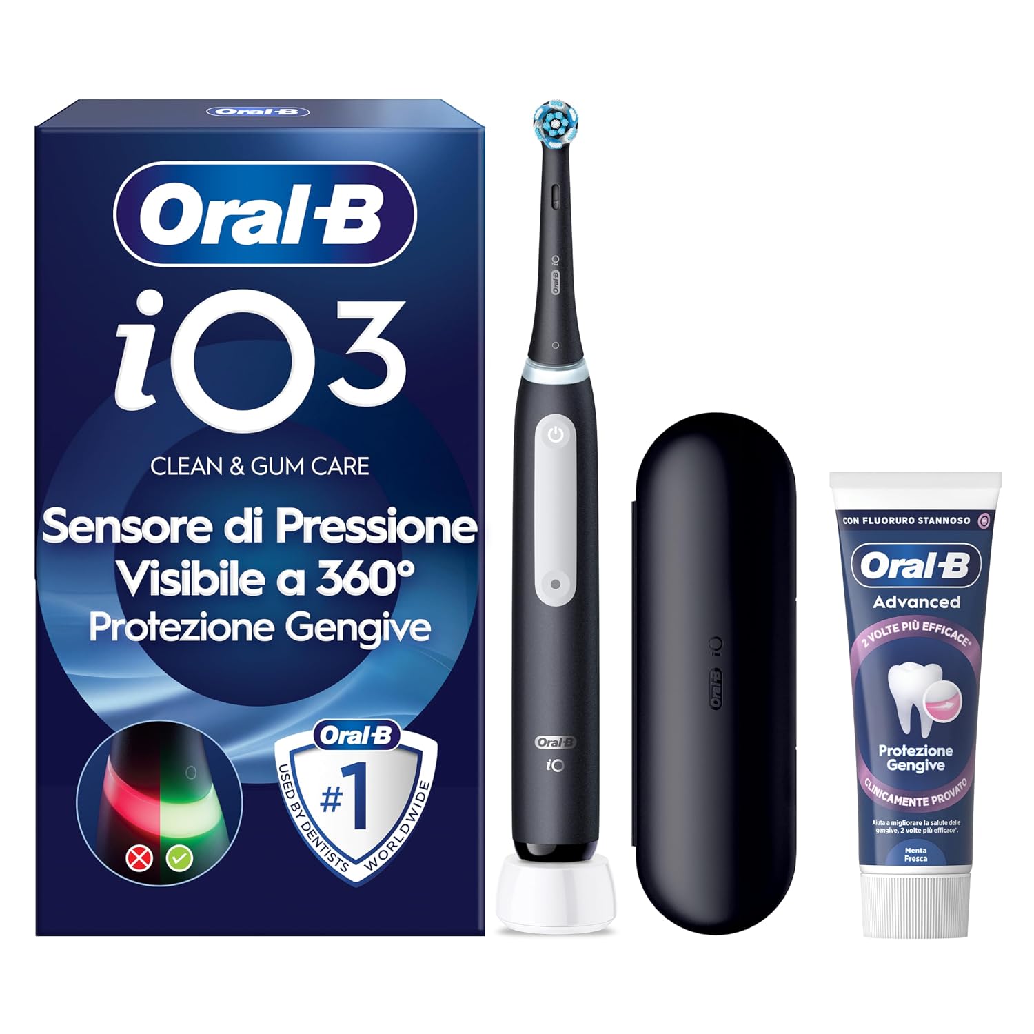 Oral-B iO 3 Spazzolino Elettrico, 1 Testina, Custodia, Dentifricio, Nero | 1 Testine di Ricambio per Spazzolino Elettrico, Ricaricabile, Custodia da Viaggio + 1 Dentifricio Advanced Protezione Gengive