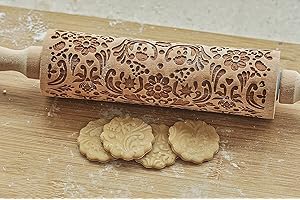AvviKro Rouleau à pâtisserie de Noël en bois texturé à motif gaufré - Équipement de pâtisserie décoratif de Noël (plante florale)