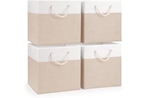 woodluv Storage Cube Boxes Large, Set of 4 Foldable Storage Basket for Cupboards, Shelves, Closet, Set of 4, Beige, 30 x 30 x 30 cm