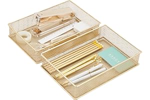 Annova Mesh Drawer Cabinet and Shelf Organizer Bins Storage Basket School Office Supply Holder Tray- Set of 2 (Gold, 23x15x5 cm)