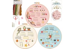 Ryebme 3 Piezas Kit de Práctica de Puntadas Bordado para Principiantes, Kit Bordado Principiantes, Juegos Bordar con Patrones e Instrucciones, Embroidery Kit Con Bastidor de Bordado de Bambú