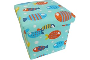 Dankeler Pouf Pieghevole per Bambini con Contenitore, Piccolo Sgabello in Lino per Bambini, Poggiapiedi Simpatico Cartone Animato per Soggiorno, Camera da Letto, Dormitorio, Ingresso (Pesce)