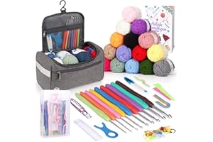 Coopay Kit Crochet Débutant Complet Portable, avec 15 Pelotes de Laine, Accessoires de Crochet Trioct, Kits de Crochet Ergonomique avec Poignée Douce, Crochets en Métal de 2,0 À 10mm, Gris Claire