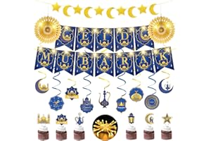 FFZZKJ Eid Decorations Eid Mubarak Decorations with 3M 30LED Fairy Lights, Hanging Swirl, Crescent Moon & Star Banner for Party/Home/Umrah, Blue and Gold
