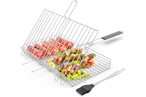 UYOTBKEUB Stainless Steel BBQ Grill Basket with Detachable Wooden Handle,Portable Grilling Basket for Fish, Vegetable, Steak, Meat, Shrimp Chops,Come with Carry Bag