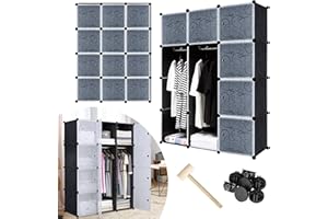 VA-Cerulean Système d'étagères enfichables en plastique - Penderie avec porte et tringle à vêtements - Armoire combinée pour vêtements, livres, jouets (12 cubes, noir)