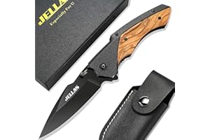 Jellas Couteau Pliant avec Lame en Acier Inoxydable 9Cr18 et Affûteuse et Pochette pour Ceinture, Couteau de Survie de Plein Air pour la Chasse ou le Camping, avec Manche en Bois