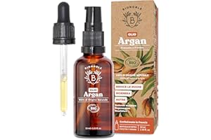 Bionoble Olio di Argan Biologico 50ml - 100% Puro, Naturale e Pressato a Freddo - Viso, Corpo, Capelli, Barba, Unghie - Vegan e Cruelty Free - Bottiglia di Vetro + Pipetta + Pompa