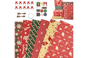 DURINM Papel de Regalo Navidad 6 Hojas Juego Envolver Rojo Impreso con Patrones como Copos de Nieve Cuerda de Yute Kraft Colorido Resistente Reciclado Para Decoración Navideños Año Nuevo, Fiestas, 70x50 cm
