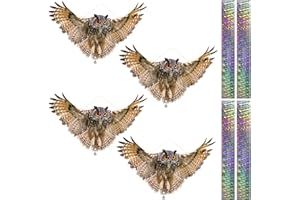 LIFREER 4 búhos falsos de halcón para asustar pájaros, decoración reflectante para colgar, águila falsa impresa de doble cara para mantener a los pájaros lejos del patio, jardín, ventanas, porche, árbol