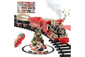 WIWOLER Train Electrique Enfant avec Fumée, Lumières & Sons, Train Noel Télécommandé avec Locomotive, 3 Wagons & 16 Rails, pour Décoration Sapin de Noël, Jouet 3 4 5 6 7 8 9 10 Ans