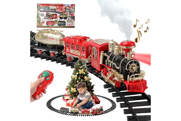 Train Electrique Enfant avec Fumée, Lumières & Sons, Train Noel Télécommandé avec Locomotive, 3 Wagons & 16 Rails, pour Décoration Sapin de Noël, Jouet 3 4 5 6 7 8 9 10 Ans