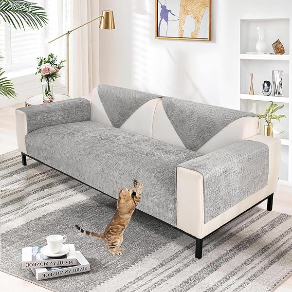 SHANNA Soft Chenille Sofa Cover 1/2/3/4 Seater, New Universal Non-Slip Corner Sofa Cover L Shape Solid Thick Textured Sofa Slipcovers for Living Room(Grey, 90 * 180cm Seat Cover) - 1