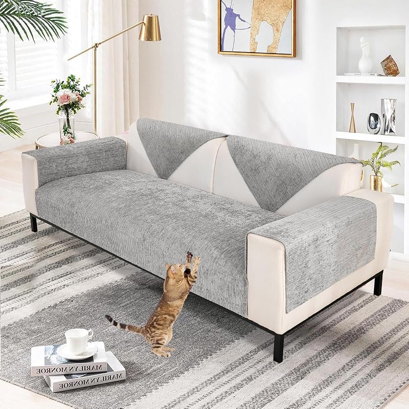SHANNA Soft Chenille Sofa Cover 1/2/3/4 Seater, New Universal Non-Slip Corner Sofa Cover L Shape Solid Thick Textured Sofa Slipcovers for Living Room(Grey, 90 * 180cm Seat Cover)