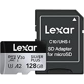 Lexar 128GB Professional Silver Plus Micro SD Card, UHS-I, C10, U3, V30, Full HD and 4K, microSDXC Memory up to 205/150 MB/s