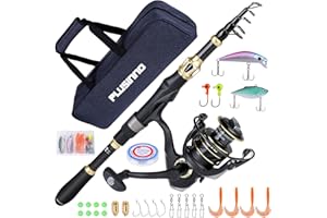 PLUSINNO Angelset Angelrute und Angelrolle Set Kohlefaser Teleskoprute mit Stationärrolle Angelschnur Angelköder Set Zubehör und Tragetasche für Salzwasser Süßwasser
