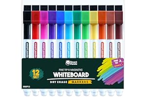 Smart Panda 12 Rotuladores de Pizarra de Punta Fina - Punta Fina y Magnética con Borrador - Borrado en Seco, Perfectos para el Hogar, la Escuela o la Oficina - Juego de 12 Colores Variados