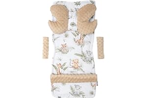 Medi Partners Riduttore Passeggino Universale Materassino Copri Neonato Cuscino - 5 elementi 78x35cm Copripasseggino Estivo per Neonati Cotone Minky (Safari con Minky beige)