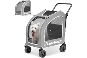 EchoSmile Passeggino per Cani di Piccola e Media 20 kg, Carrozzina per Cani Pieghevole Adatto a Tutti i Terreni con Doppi Freni, Cinture di Sicurezza per Auto e Finestrini in Rete, Grigio