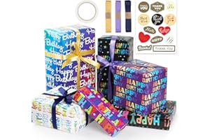 Bigqin Geschenkpapier Geburtstag, 6 Blätter 50 x 70 cm Geschenkpapier Geschenkverpackung Kinder Set mit Band Aufkleber Doppelseitigem Klebeband