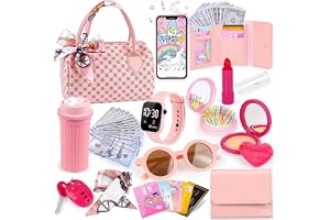 Beauenty Play Purse for Little Girls, 32PCS Toddler Purse with Pretend Makeup for Kids, Princess Toys Includes Handbag, Phone, Wristwatch, Silk Scarf Kids Toy Purse Birthday Gift for Girls 3 4 5+ (A)