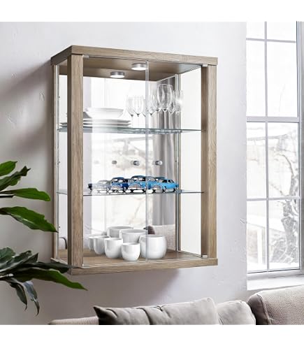 K-Möbel Meuble vitrine verre 2-portes (176x67x33cm) - Fabriqué en Allemagne - Vitrine salle a manger Argent/Alu avec 4 étagères en verre réglables & LED - Armoires vitrées de présentation figurine