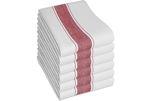 Olivia Rocco Pack of 6 Kitchen Tea Towels Large 100% Cotton Commercial Grade Towels Lint Free White Quick Drying, 70 x 50 cm, Red